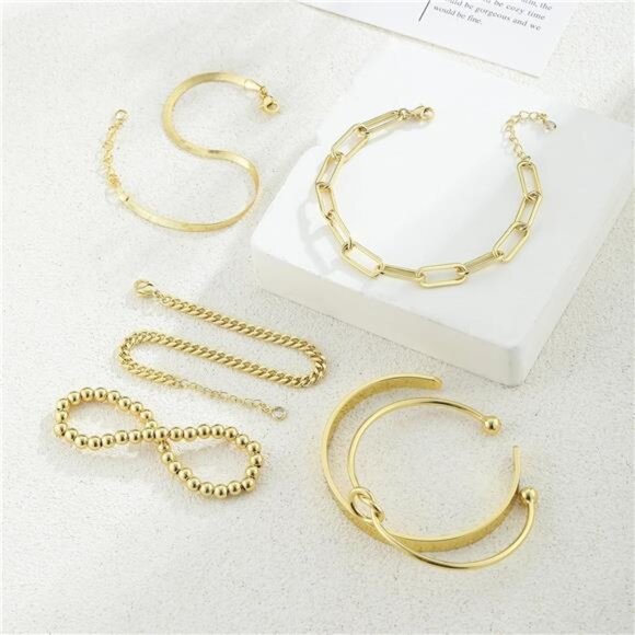 6-Piece Stackable Gold Bracelet Set – 14K Gold Plated, Adjustable - Picture 5 of 5